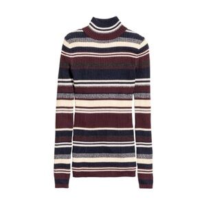H&M L.O.G.G. DARK BURGUNDY/NAVY/GRAY/IVORY RIBBED KNIT MOCK TURTLENECK SWEATER S
